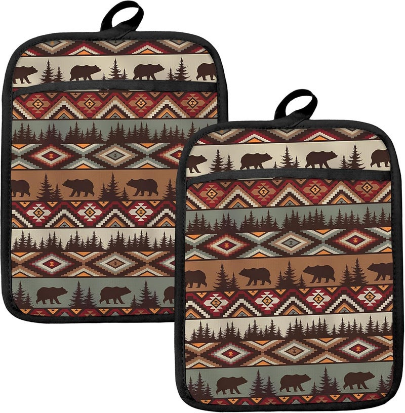 HUGANE Western Aztec Bear Oven Mitts Set, Camping Camper RV Gifts, Aztec Native Tribal Heat Resistant Kitchen Oven Gloves for Baking and Cooking,Pot Holders - Image 1